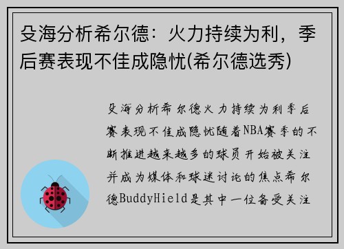殳海分析希尔德：火力持续为利，季后赛表现不佳成隐忧(希尔德选秀)