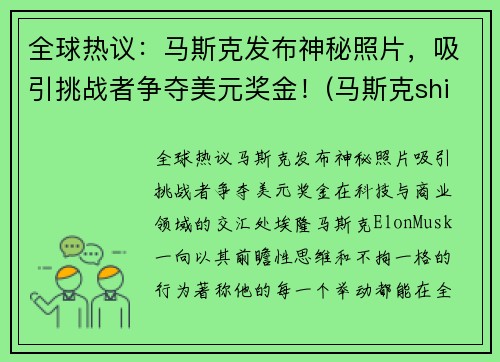 全球热议：马斯克发布神秘照片，吸引挑战者争夺美元奖金！(马斯克shibi)