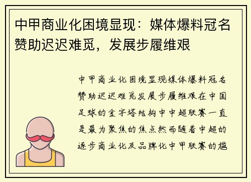 中甲商业化困境显现：媒体爆料冠名赞助迟迟难觅，发展步履维艰