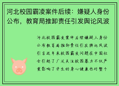 河北校园霸凌案件后续：嫌疑人身份公布，教育局推卸责任引发舆论风波