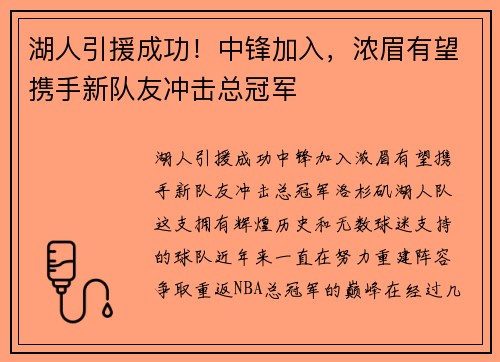 湖人引援成功！中锋加入，浓眉有望携手新队友冲击总冠军