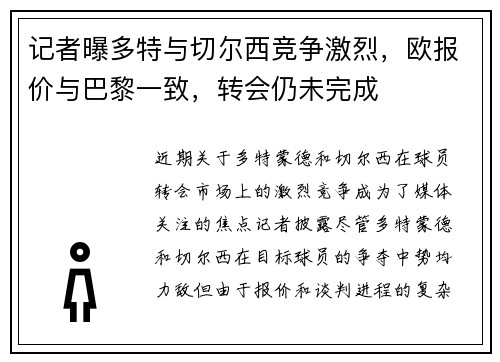 记者曝多特与切尔西竞争激烈，欧报价与巴黎一致，转会仍未完成